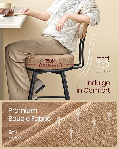 VASAGLE 360° Swivel Bar Stools Set of 2, Counter Height Bar Stools with Back, Boucle Fabric, Contemporary Modern, 25.4 Inch Tall, Kitchen and Home Bar, Camel Brown ULBC130K01V1