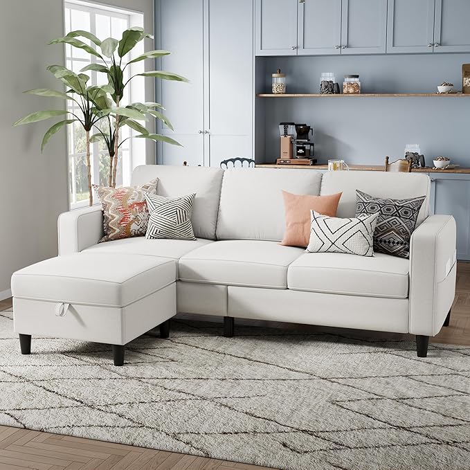Sectional Sofa and Couches for Living Room, 78'' Beige 3 Seat L-Shaped Couch with Movable Ottoman, Comfy Linen Convertible Sectionals Sofas with Chaise for Apartment, Office, Small Space