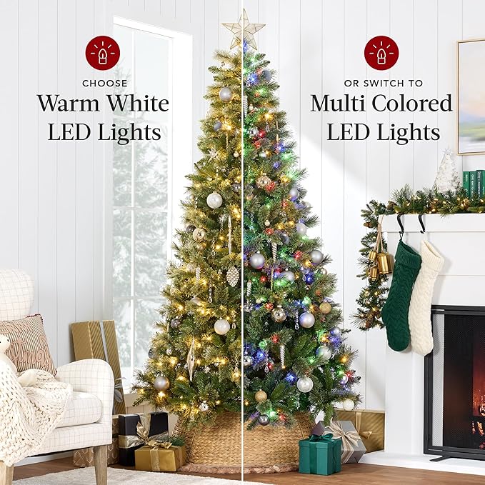 Best Choice Products 7.5ft Pre-Lit Scotch Pine Christmas Tree, Premium Pre-Decorated Artificial Holiday Decor w/ 1,320 Branch Tips, 2-in-1 White and Multicolor LED Lights, Cordless Setup