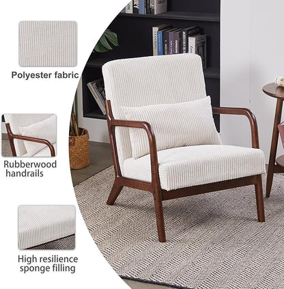 Accent Chairs, Mid-Century Modern Chair with Pillow, Armchair with Solid Wood, Reading Relaxing Leisure Chair for Living Room（Beige/Walnut）