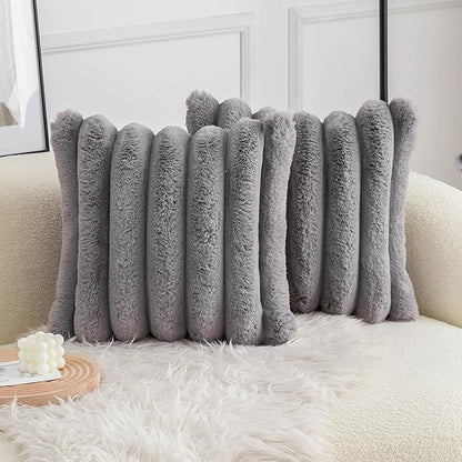 Neelvin Grey Faux Fur Cozy Soft Striped Decorative Throw Pillow Covers 24x24 inch Set of 2,Velvet Pillowcase Cushion Case for Sofa Couch