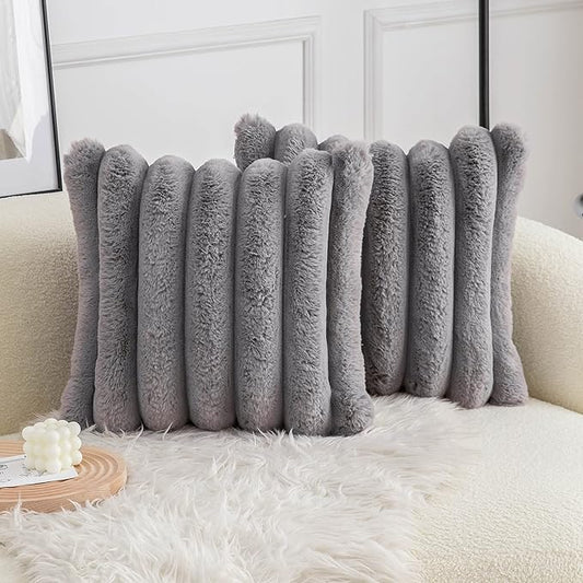 Neelvin Grey Faux Fur Cozy Soft Striped Decorative Throw Pillow Covers 22x22 inch Set of 2,Velvet Pillowcase Cushion Case for Sofa Couch