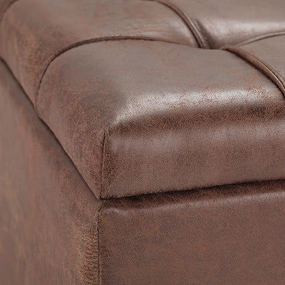 SIMPLIHOME Harrison 36 inch Wide Transitional Square Coffee Table Storage Ottoman in Distressed Umber Brown Vegan Faux Leather, Assembled, For the Living Room and Bedroom