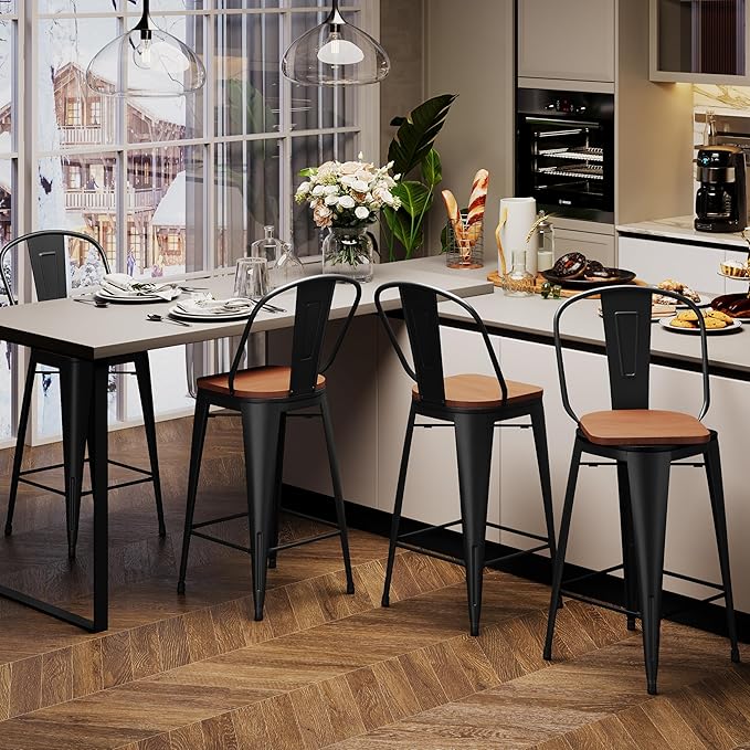 Aklaus Swivel Metal Bar Stools Set of 4 Counter Height Stools Counter Bar Stools with Back Swivel Metal Bar Chairs Wooded Seat 30 Inch Matte Black Barstools