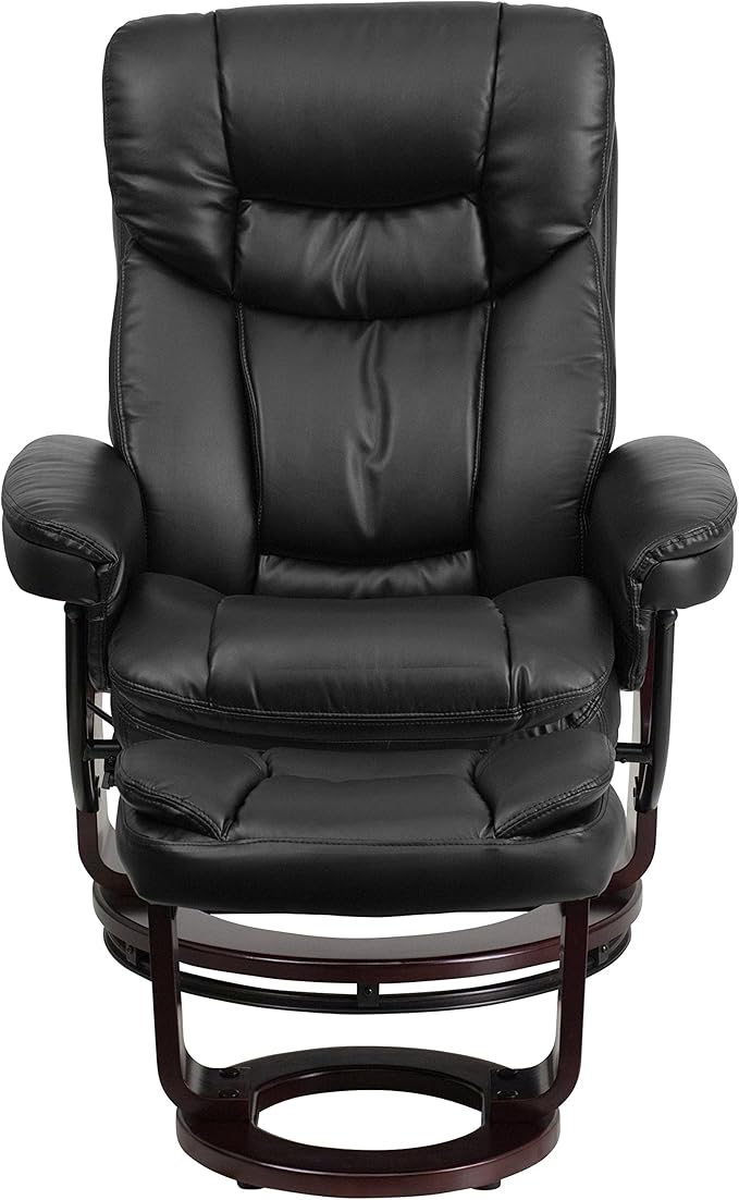 Flash Furniture Allie LeatherSoft Upholstered Recliner with Footrest, Arms, and Headrest, Padded Swivel Recliner Chair and Ottoman Set, Black