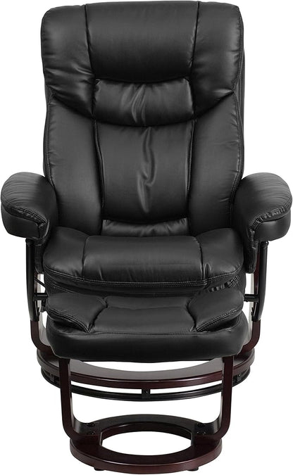 Flash Furniture Allie LeatherSoft Upholstered Recliner with Footrest, Arms, and Headrest, Padded Swivel Recliner Chair and Ottoman Set, Black