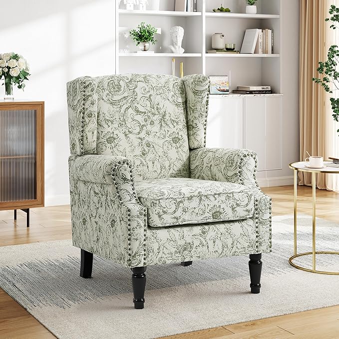 Pia Ricco High Back Floral Accent Chair - Retro Wingback Upholstered Armchair with Nailhead Trim, Solid Wood Legs, Fabric Living Room Bedroom Reading Chair (Plants Green)