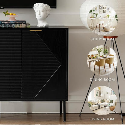 Sideboard Buffet Cabinet Set of 2, Modern Storage Cabinets with Doors and Shelves, Wooden Fluted Cabinet for Living Room, Entryway, Kitchen (2, Embossed Black)