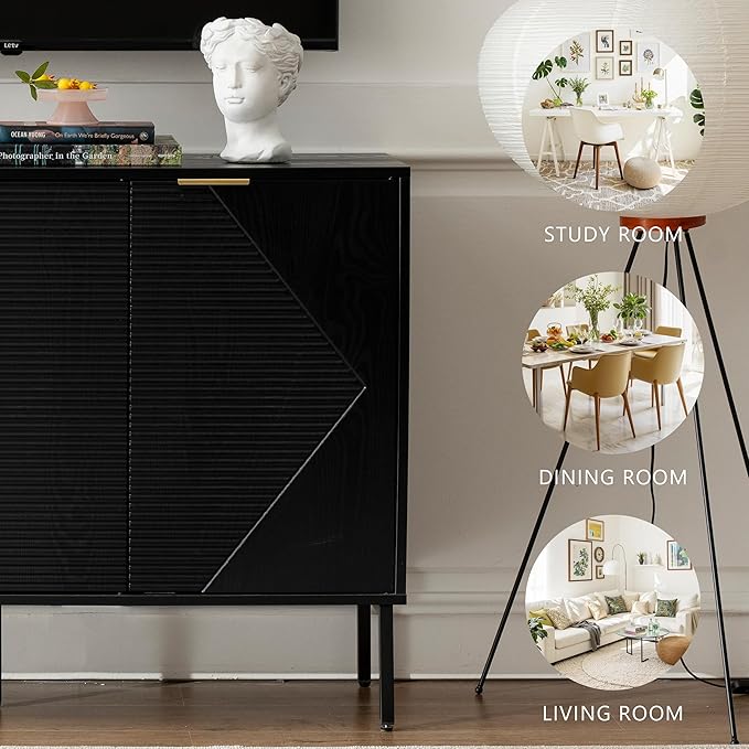 Sideboard Buffet Cabinet, Modern Storage Cabinets with Doors and Shelves, Wooden Fluted Cabinet for Living Room, Entryway, Kitchen(1, Embossed Black)
