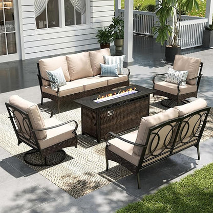 Sophia & William Patio Furniture Set with Fire Pit Table, 5 PCS Metal Outdoor Conversation Set with Fire Pit Table, 2 Swivel Chairs,1 Loveseat, 3-Seater Couch for Outdoor Seating, Backyard, Porch