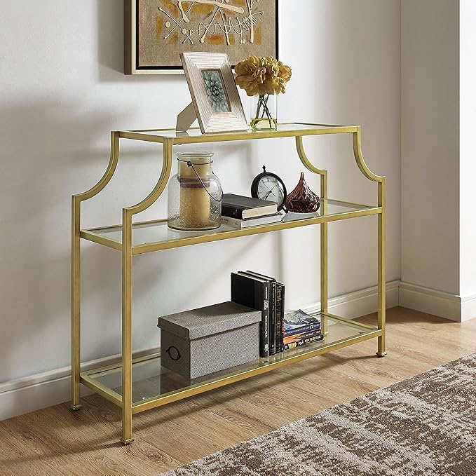 Crosley Furniture Aimee Sofa Console Table with Storage Shelves for Hall, Entryway, or Living Room, Gold and Glass