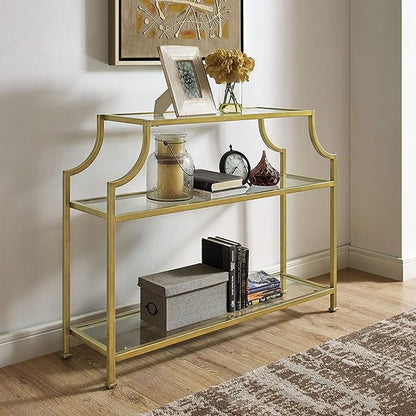 Crosley Furniture Aimee Sofa Console Table with Storage Shelves for Hall, Entryway, or Living Room, Gold and Glass