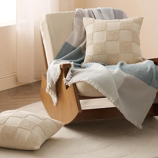 Double Stitch 100% Cotton Throw Pillow Covers - Checkered Tufted Boho Decorative Pillow Covers 18x18, Made in India, Square Cushion Case, Modern Home Decor for Couch, Sofa, Living Room, Oat
