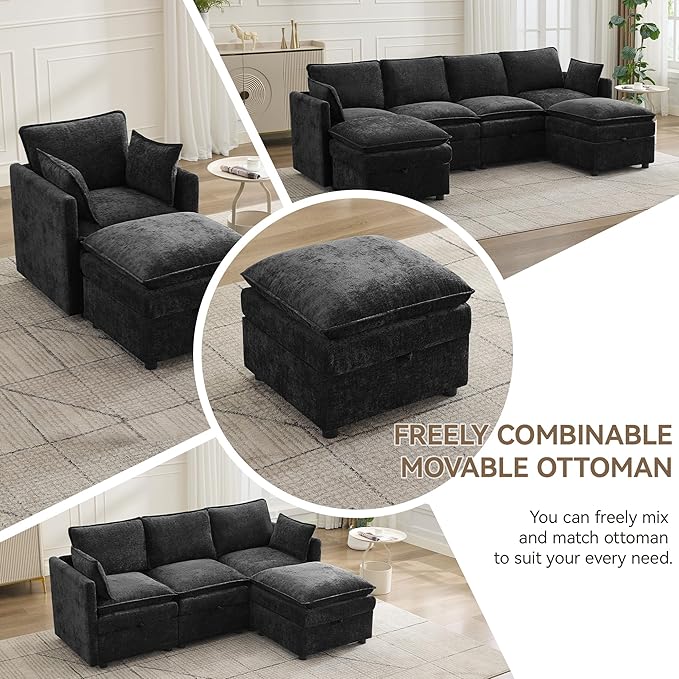 27" Large Square Ottoman with Storage, Modern Upholstered Footrest with Anti-Slip Legs for Couch Coffee Table Living Room, Bedroom, Entryway, Chenille Black
