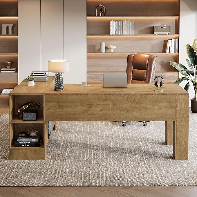 Tribesigns L-Shaped Executive Desk, 78-Inch Office Desk with Storage Cabinet and 2-Tier Shelf, Large Wooden Computer Writing Table Business Furniture Workstation for Home Office, Brown