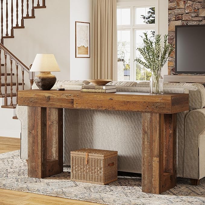 Tribesigns 63" Farmhouse Console Table, Natural Wooden Sofa Table Rectangular Accent Console for Entryway, Hallway & Living Room (Mix Brown)