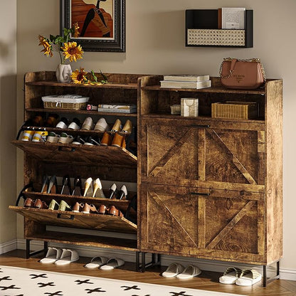 Shoe Storage Cabinet with 2 Flip Drawers, Narrow Wood Shoe Cabinet Storage for Entryway with Metal Legs & Hooks, Adjustable Shelves, Freestanding Shoe Rack Organizer for Foyer, Hallway, Brown