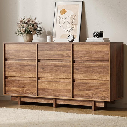 Walnut Dresser for Bedroom, 59" Wide 9 Drawer Dresser, Mid Century Modern Dressers Chest of Drawers, Wooden Large Dressers for Bedroom, Closet