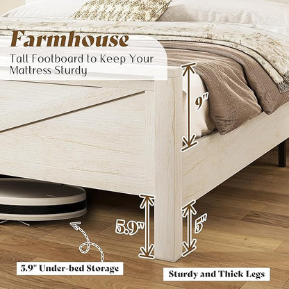 AMERLIFE Farmhouse Queen Bed Frame with Storage Headboard & Charging Station, Rustic Wood Platform Bed with Barn Door Bookcase, No Box Spring Needed, Antique White Bedroom Furniture