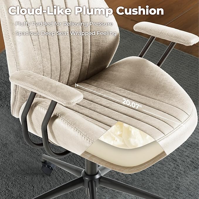 ovios Home Office Ergonomic Chair, Mid-Century Modern Luxury Faux Suede Leather Chairs, Comfy High Back Computer Swivel Rolling Task Armchair for Executive, Beige