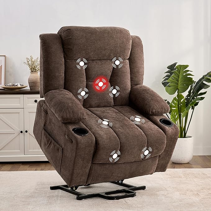 Dual Motor Power Lift Recliner Chair for Elderly, Large Electric Lift Recliner with Massage and Heat, Cup Holders, Side Pocket, Fabric(Brown)