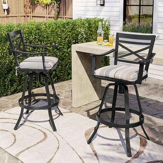 Pellebant 30" Sunbrella Outdoor Bar Stools Set of 2, Aluminum Swivel Patio Bar Height Barstools with Back & Footrest, Tall Barstool Chairs for Deck Lawn Garden, Milano Char
