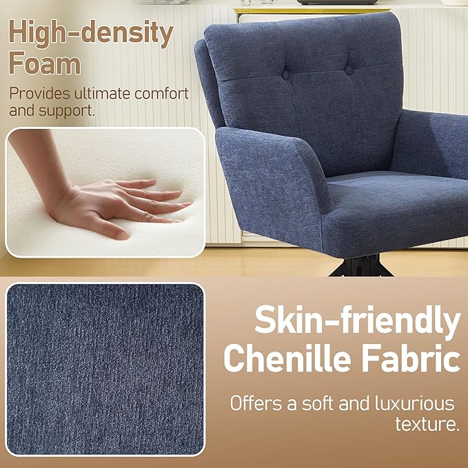 Fabric Dining Chair Modern Upholstered Swivel Dining Room Chairs Comfy Accent Armchair with Mid Back, Desk Arm Chair No Wheels for Kitchen/Living Room/Dining Room, Navy