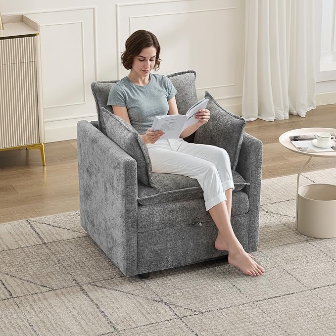 30" Cloud Modular Single Sofa Chair with Storage, Modern Upholstered Accent Chair Deep Seat, Chenille Reading Lounge Armchair for Living Room, Bedroom, Small Space, Light Grey