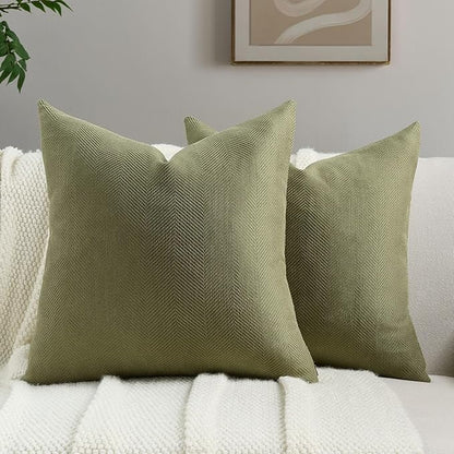 FUTEI Moss Green Chenille Throw Pillow Covers 18x18 Inch Set of 2,Soft Wide Chevron Textured Cushion Case,Farmhouse Home Decor for Couch Bed Living Room