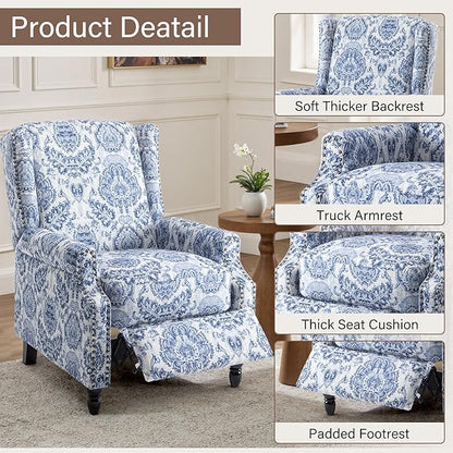 UIXE Pushback Floral Recliner Chair, Fabric Upholstered Armchair Push Back Accent Chair for Living Room, Rivet Trim Club Chair Home Theater Single Sofa Bedroom Reading Seat - Navy
