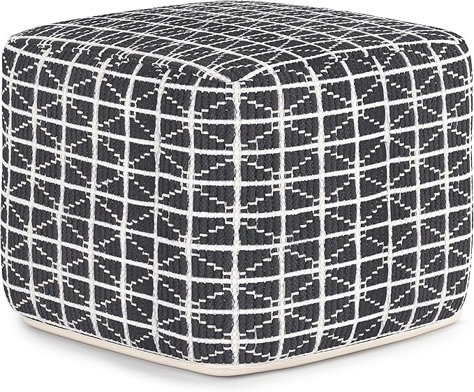 SIMPLIHOME Noreen Boho Square Pouf in Slate Grey and White Handloom Woven Pattern for the Living Room, Bedroom and Kids Room