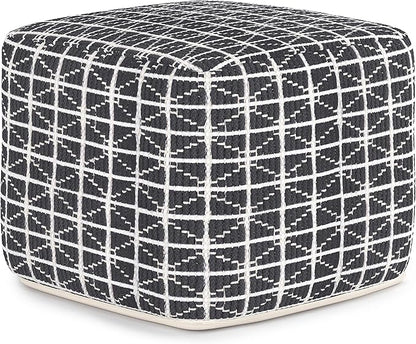 SIMPLIHOME Noreen Boho Square Pouf in Slate Grey and White Handloom Woven Pattern for the Living Room, Bedroom and Kids Room
