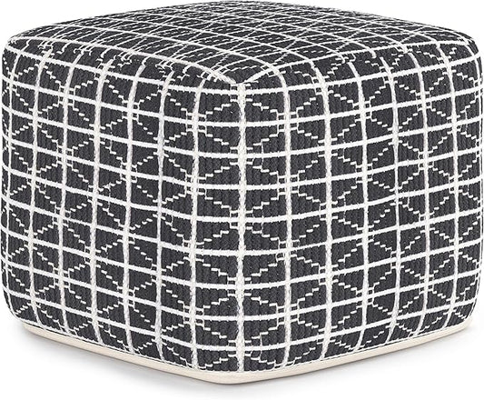 SIMPLIHOME Noreen Boho Square Pouf in Slate Grey and White Handloom Woven Pattern for the Living Room, Bedroom and Kids Room
