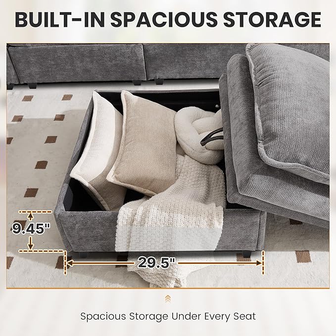 130" U Shaped Modular Sectional Sofa, Couch with Ottoman Storage, Chenille Cloud Couch with Plush Deep Seating for Living Room, Bedroom (8 Seat, Light Grey)