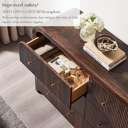 T4TREAM Fluted 6 Drawers Dresser for Bedroom, 54" Wide Modern Chest of Drawers with Thickened Curved Profile Design, Wood Dressers TV Stand for Bedroom, Living Room, Hallway, Dark Walnut