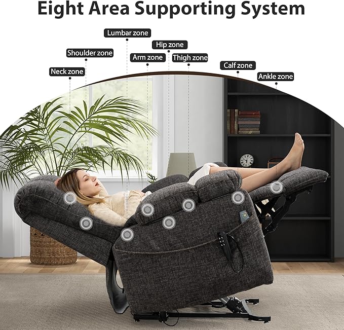 Oversized Zero Gravity Power Lift Recliner Chair for Elderly Adults Big Man Electric Lay Flat Recliner Triple Motor with Heat and Massage, Adjustable Seat Height, Arm Storage, Cup Holder