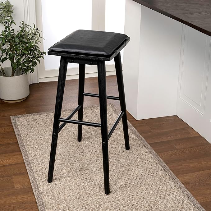 JONATHAN Y BSL2002C Peroni 30.5" MidCentury Classic Saddle-Seat Solid Wood/Vegan Leather Backless Bar Stool for Home, Kitchen, Workspaces, Cafes and Resturants with Removeable Cushion, Black