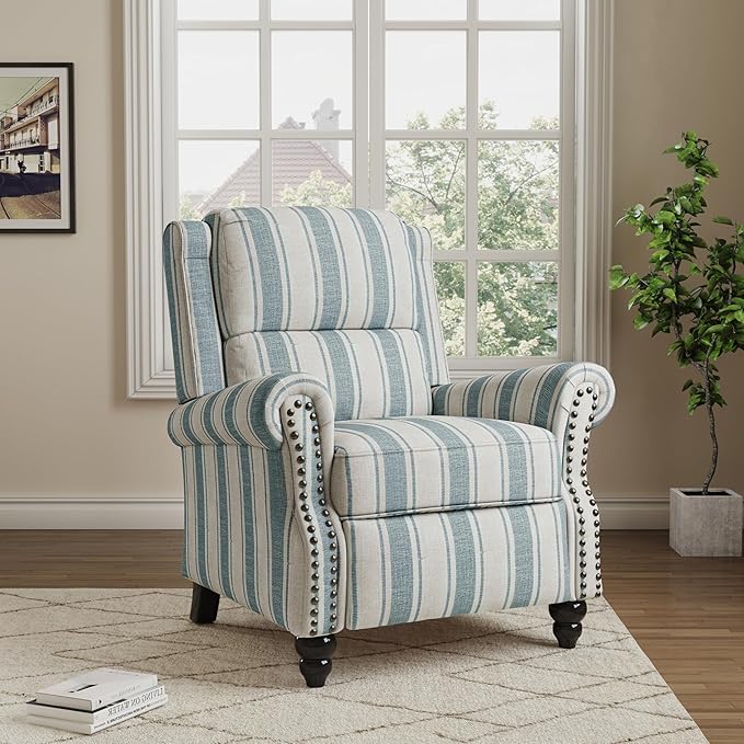 Pushback Recliner Chair, Comfy Fabric Wingback Recliner Chair, Upholstered Armchair Push Back Recliner with Wood Legs, Rivet Trim Single Sofa Accent Chair for Living Room, Bedroom, Blue Stripe