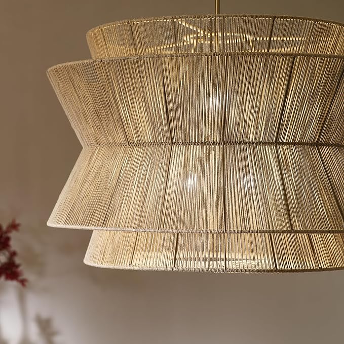 KICHLER Ophira 4-Light Pendant, Global Boho Light with Jute Shade in Champagne Bronze, Sloped Ceiling Compatible, for Living or Dining Room (24.75" x 36"), 52736CPZ