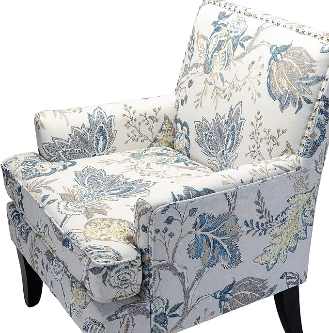 HULALA HOME Modern Accent Chair with Arms and Wooden Legs, Mid Century Accent Chair Armchair High Back Rest, Padded Armrest and Comfortable Cushioned Seat for Living Room (Blue Yellow Floral)