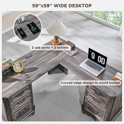 T4TREAM L Shaped Desk with Drawers,59" Farmhouse Wood Home Office Executive Desk,Charging Station,File Drawer, Storage Cabinet,Computer Desk for Work and Study (Dark Rustic Oak)