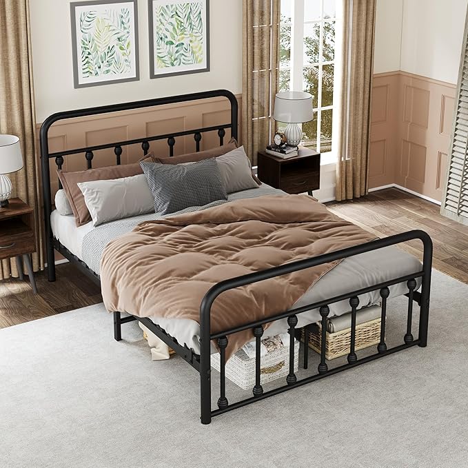 Metal Full Single Bed Frame with Storage Space, 74.8" in Steel Bed Frame with Protective Foot Pads, Strong Bearing Capacity Full Size Bed, Easy Assembly, Underbed Storage Space（43.3 inch）