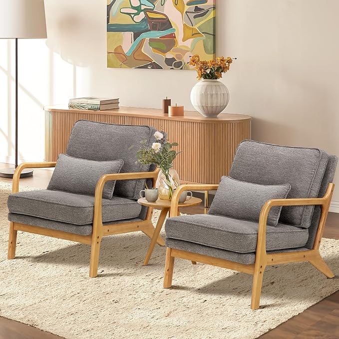 Modern Accent Chair with Lumbar Pillow, Relaxing Mid Century Chair Armchair with Solid Wood Frame & Soft Cushion, Reading Leisure Armchair for Living Room, Grey