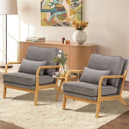 Modern Accent Chair with Lumbar Pillow, Relaxing Mid Century Chair Armchair with Solid Wood Frame & Soft Cushion, Reading Leisure Armchair for Living Room, Grey