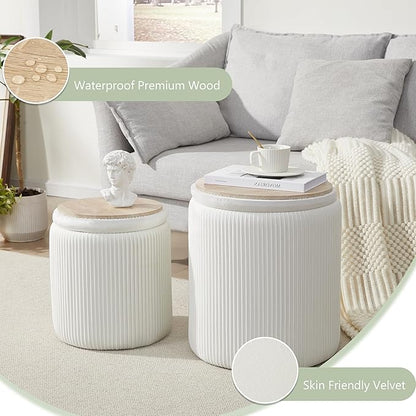 Royal Windsor Round Ottoman with Storage Set of 2,Vanity Stool with Storage for Bedroom, Ottoman Coffee Table,Small Velvet Foot Stool for Living Room, White