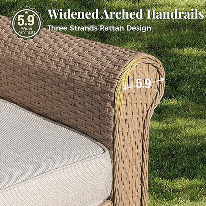 Patio Furniture Set 6 pcs, Wicker Outdoor Patio Furniture, 3-Seat Sofa, 2 Single Chairs, 2 Ottomans and Coffee Table, Rattan Patio Conversation Set for Backyard Deck, Beige