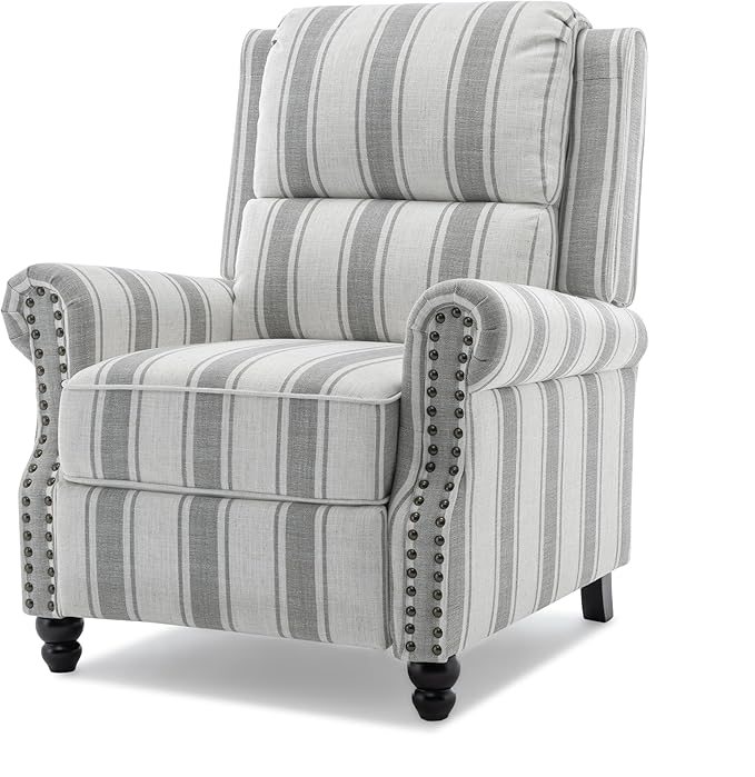 Pushback Recliner Chairs Set of 2, Comfy Fabric Wingback Recliner Chair, Upholstered Armchair Push Back Recliner with Wood Legs, Rivet Trim Accent Chair for Living Room, Bedroom, Gray Stripe
