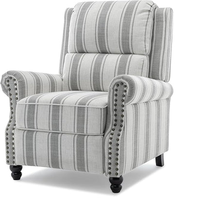 Pushback Recliner Chairs Set of 2, Comfy Fabric Wingback Recliner Chair, Upholstered Armchair Push Back Recliner with Wood Legs, Rivet Trim Accent Chair for Living Room, Bedroom, Gray Stripe