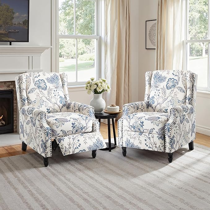 Pushback Recliner Chair, Floral Fabric Wingback Recliner Chair, Upholstered Armchair Push Back Recliner, Rivet Trim Single Sofa Accent Chair with Wood Legs for Living Room, Plants Blue