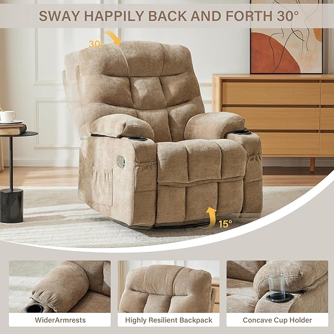 Manual 360°Swivel Rocker Recliner Chair,Single Recliner Seat with Cup Holders,Recliner Chairs for Adults, Upholstered Fabric Lazy Boy Recliner for Bedroom,Living Room,Brown